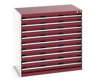 40021035.** Bott Cubio drawer cabinet with overall dimensions of 1050mm wide x 650mm deep x 1000mm high Cabinet consists of 9 x 100mm high drawers 100% extension drawer with internal dimensions of 925mm wide x 525mm deep. The drawers have a U.D.L of 75kg...